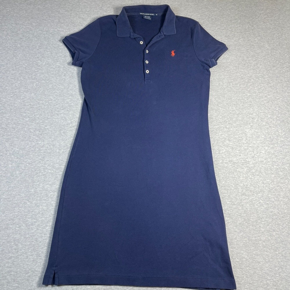 Vintage Ralph Lauren Sport Polo Dress Womens Medium M Navy Blue Red Pony Cotton